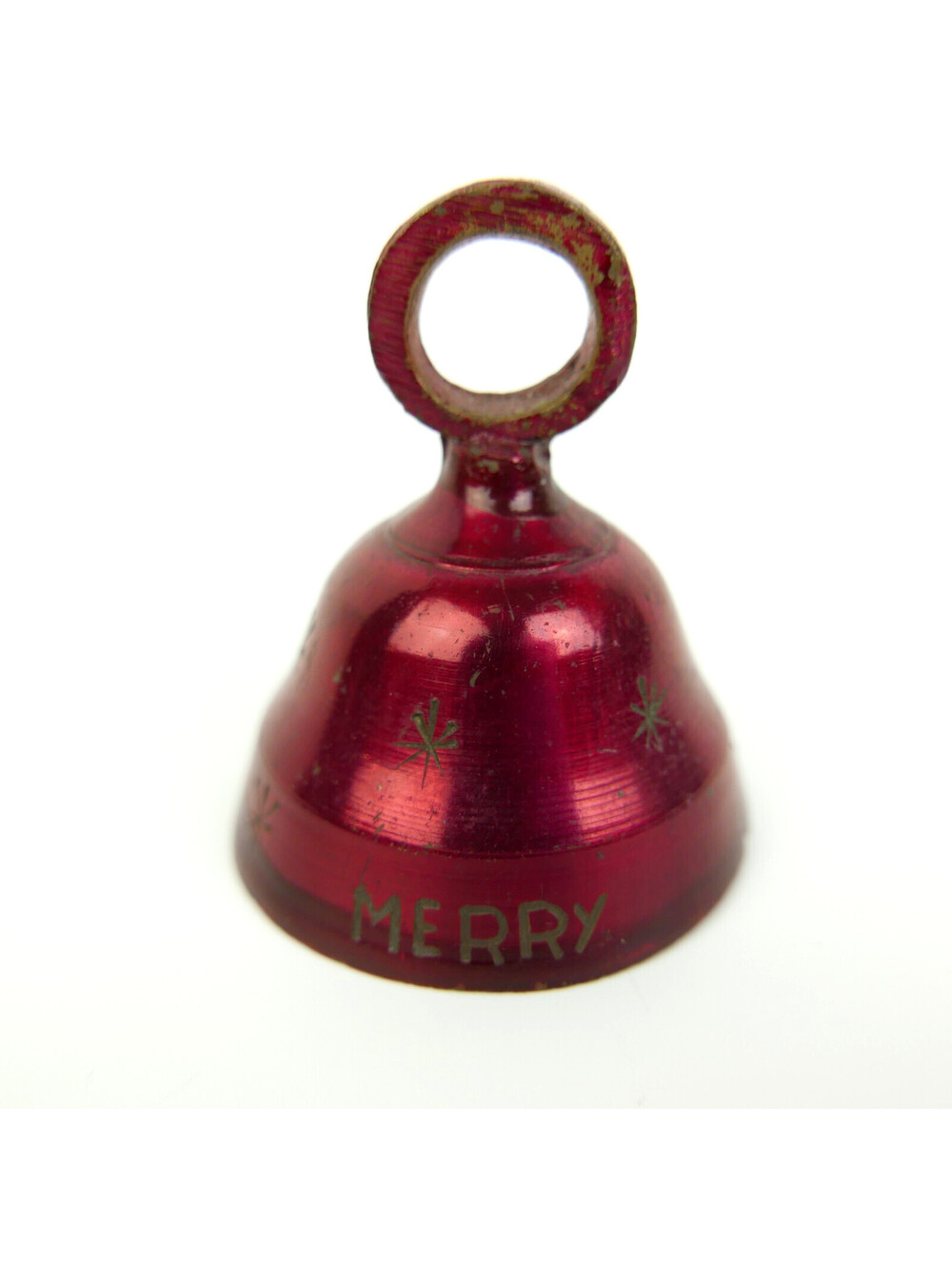 Vintage Brass Christmas Bell Ornament Red Enamel Etched Merry Christmas India 2"